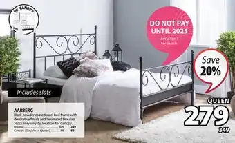 JYSK Aarberg black powder coated steel bed frame with decorative finials and laminated flex slats offer