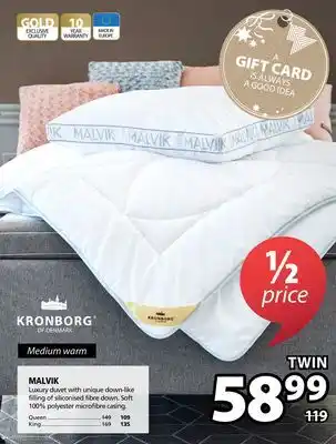 JYSK Malvik luxury duvet with unique down-like filling of siliconised fibre down. soft 100% polyester microfibre casing offer