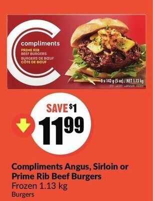 FreshCo Compliments angus, sirloin or prime rib beef burgers offer