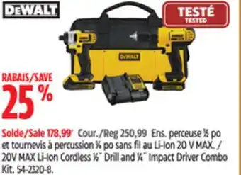 Canadian Tire Dewalt 20v max li-ion cordless 1⁄2˝ drill and 1⁄4˝ impact driver combo kit offer