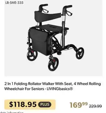 Shopper+ 2 in 1 folding rollator walker with seat, 4 wheel rolling wheelchair for seniors - livingbasics offer