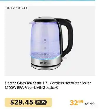 Shopper+ Electric glass tea kettle 1.7l cordless hot water boiler 1500w bpa-free - livingbasics offer