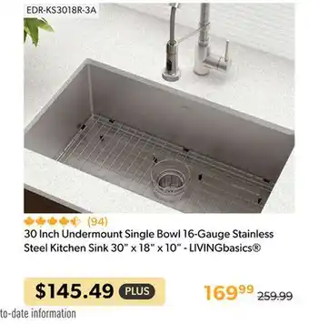 Shopper+ 30 inch undermount single bowl 16-gauge stainless steel kitchen sink 30 x 18 x 10 - livingbasics offer