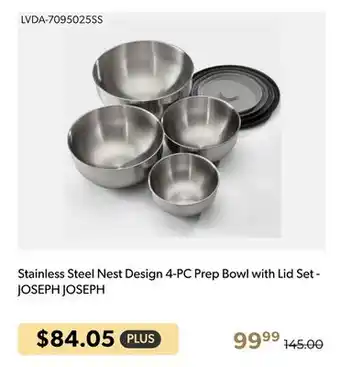 Shopper+ Stainless steel nest design 4-pc prep bowl with lid set - joseph joseph offer
