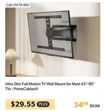 Shopper+ Ultra slim full motion tv wall mount for most 43-90 tvs - primecables offer