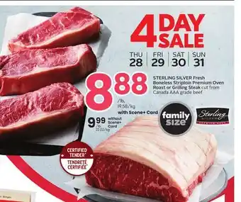 Sobeys Fresh boneless striploin premium oven roast or grilling steak offer
