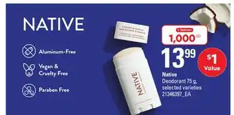 Loblaws Native deodorant 75 g offer