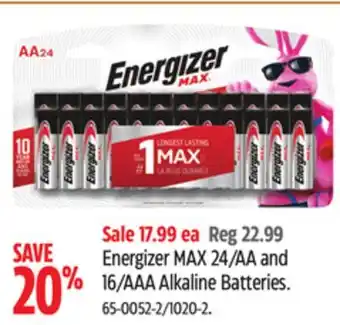 Canadian Tire Energizer max 24/aa and 16/aaa alkaline batteries offer