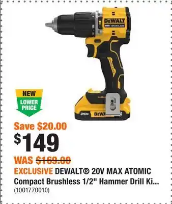 Home Depot Exclusive dewalt 20v max atomic compact brushless 1/2 hammer drill kit • (1) 2ah battery and charger offer