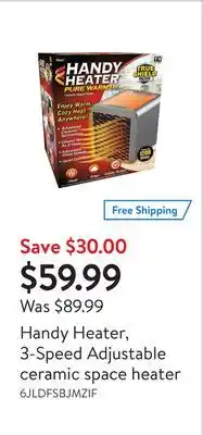 Walmart Handy heater, 3-speed adjustable ceramic space heater offer
