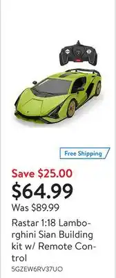 Walmart Rastar 1:18 lamborghini sian building kit w/ remote control offer