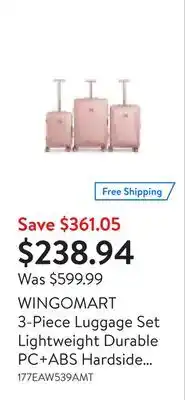 Walmart Wingomart 3-piece luggage set lightweight durable pc+abs hardside luggage, double spinner wheels, tsa lock - 20in/24in/28in offer