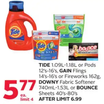 Rexall Tide 1.09l-1.18l or pods 12' s-16' s, gain flings 14' s-16' s or fireworks 162g, downy fabric softener 740ml-1.53l or bounce offer