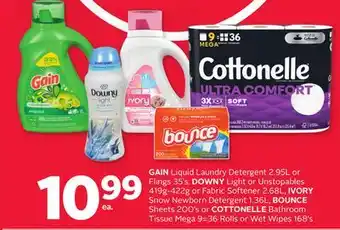 Rexall Gain liquid laundry detergent 2.95l or flings 35' s, downy light or unstopables 419g-422g or fabric softener 2.68l, ivory sno offer