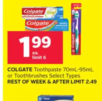 Rexall Colgate toothpaste 70ml-95ml or toothbrushes types offer