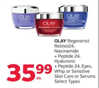 Rexall Olay regenerist retinol24, niacinamide + peptide 24, hyaluronic + peptide 24, eyes, whip or sensitive skin care or serums offer