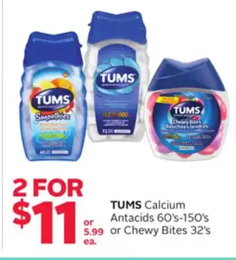 Rexall Tums calcium antacids 60' s-150' s or chewy bites 32' s offer