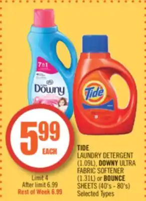 Shoppers Drug Mart Tide laundry detergent (1.09l), downy ultra fabric softener (1.31l) or bounce sheets (40's - 80's) offer