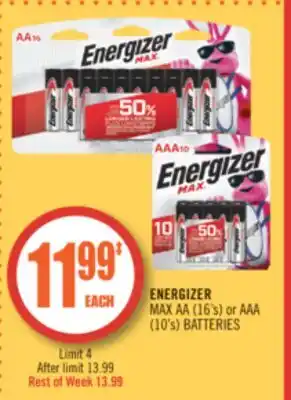 Shoppers Drug Mart Energizer max aa (16's) or aaa (10's) batteries offer
