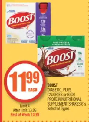 Shoppers Drug Mart Boost diabetic, plus calories or high protein nutritional supplement shakes offer