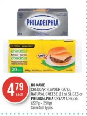 Shoppers Drug Mart No name cheddar flavour (20's), natural cheese (11's) slices or philadelphia cream cheese (227g - 250g) offer