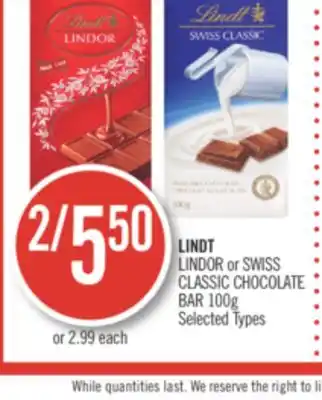 Shoppers Drug Mart Lindt lindor or swiss classic chocolate bar offer