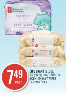 Shoppers Drug Mart Life brand (216's), pc (300's) unscented or scented baby wipes offer