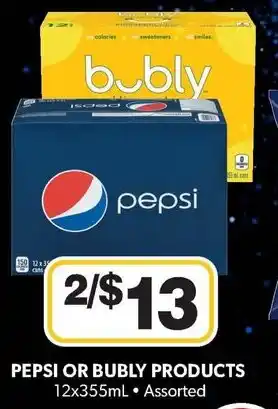 Colemans PEPSI OR BUBLY PRODUCTS 12x355mL Assorted offer