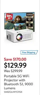 Walmart Portable 5g wifi projector with bluetooth 5.1, 9000 lumens offer