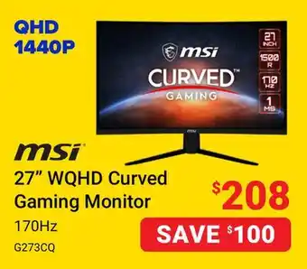 Visions Electronics Msi 27 wqhd curved gaming monitor offer