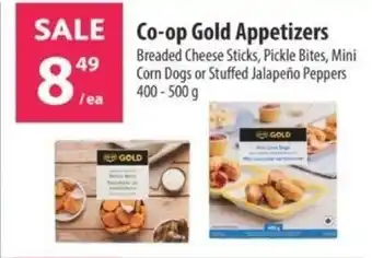 Co-op Co-op Gold Appetizers Breaded Cheese Sticks, Pickle Bites, Mini Corn Dogs or Stuffed Jalapeño Peppers 400-500g offer