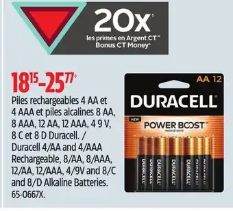 Canadian Tire Duracell 4/aa and 4/aaa rechargeable, 8/aa, 8/aaa, 12/aa, 12/aaa, 4/9v and 8/c and 8/d alkaline batteries offer