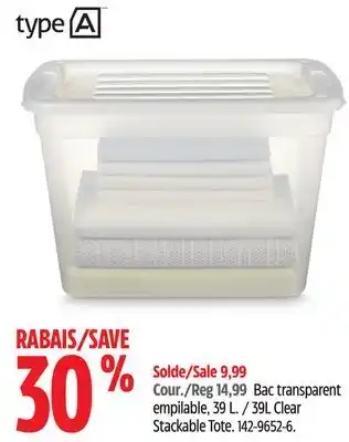 Canadian Tire Type a 39l clear stackable tote offer