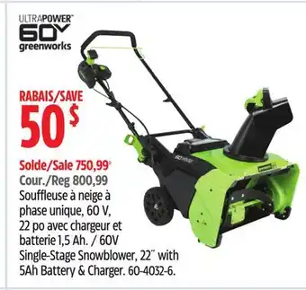 Canadian Tire Greenworks 60v single-stage snowblower, 22 with 5ah battery & charger offer