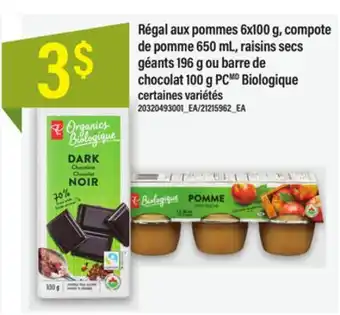 Maxi Régal aux pommes 6x100 g, compote de pomme 650 ml, raisins secs géants 196 g ou barre de chocolat 100 g pcmd biologique offer
