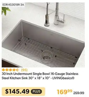 Shopper+ 30 inch undermount single bowl 16-gauge stainless steel kitchen sink 30 x 18 x 10 - livingbasics offer