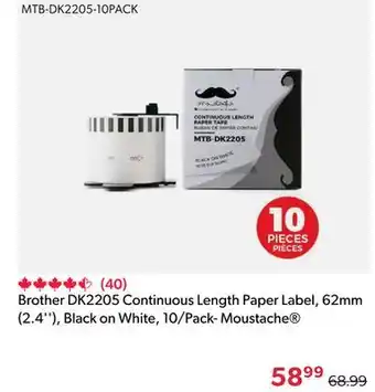 Shopper+ Brother dk2205 continuous length paper label, 62mm (2.4''), black on white, 10/pack- moustache offer