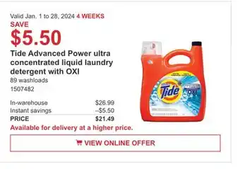 Costco Tide advanced power ultra concentrated liquid laundry detergent with oxi offer