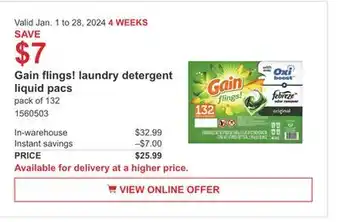 Costco Gain flings! laundry detergent liquid pacs offer