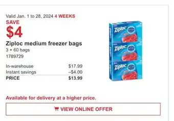 Costco Ziploc medium freezer bags offer