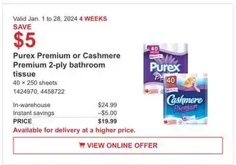 Costco Purex premium or cashmere premium 2-ply bathroom tissue offer