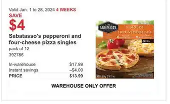 Costco Sabatasso's pepperoni and four-cheese pizza singles offer