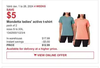 Costco Mondetta ladies' active t-shirt offer