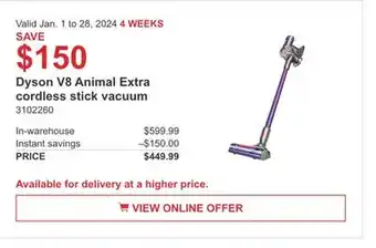 Costco Dyson v8 animal extra cordless stick vacuum offer