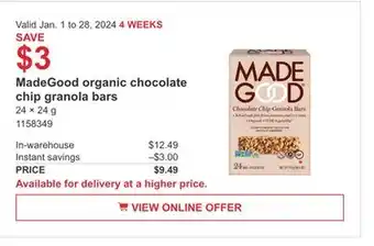 Costco Madegood organic chocolate chip granola bars offer