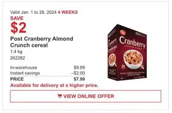 Costco Post cranberry almond crunch cereal offer