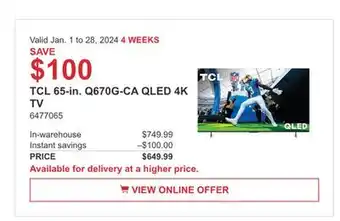 Costco Tcl 65-in. q670g-ca qled 4k tv offer