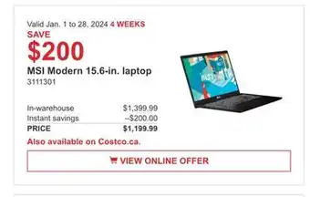 Costco Msi modern 15.6-in laptop offer