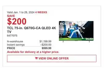 Costco Tcl 75-in. q670g-ca qled 4k tv offer