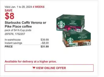 Costco Starbucks caffè verona or pike place coffee offer
